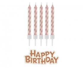 Świeczki B&C urodzinowe Happy Birthday, różowozłote, 16 szt.